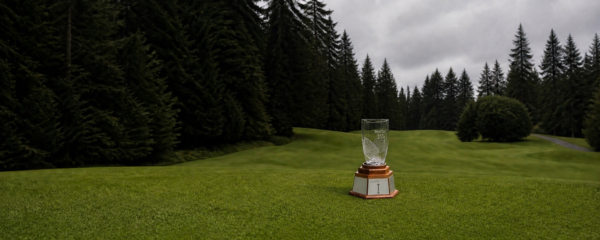 The Seattle Cup trophy on a Pacific Northwest golf course